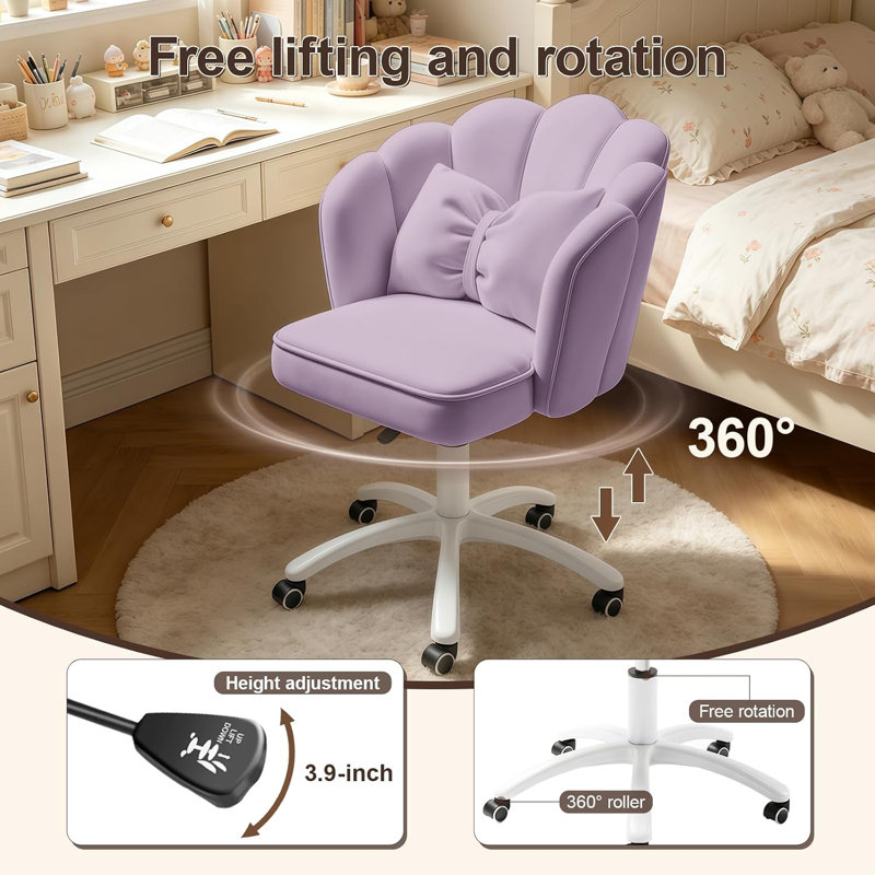 Chaise de coiffeuse pivotante XUEGW en velours pétale, dossier mi-haut, coussin à nœud et roulettes, violette, Purple