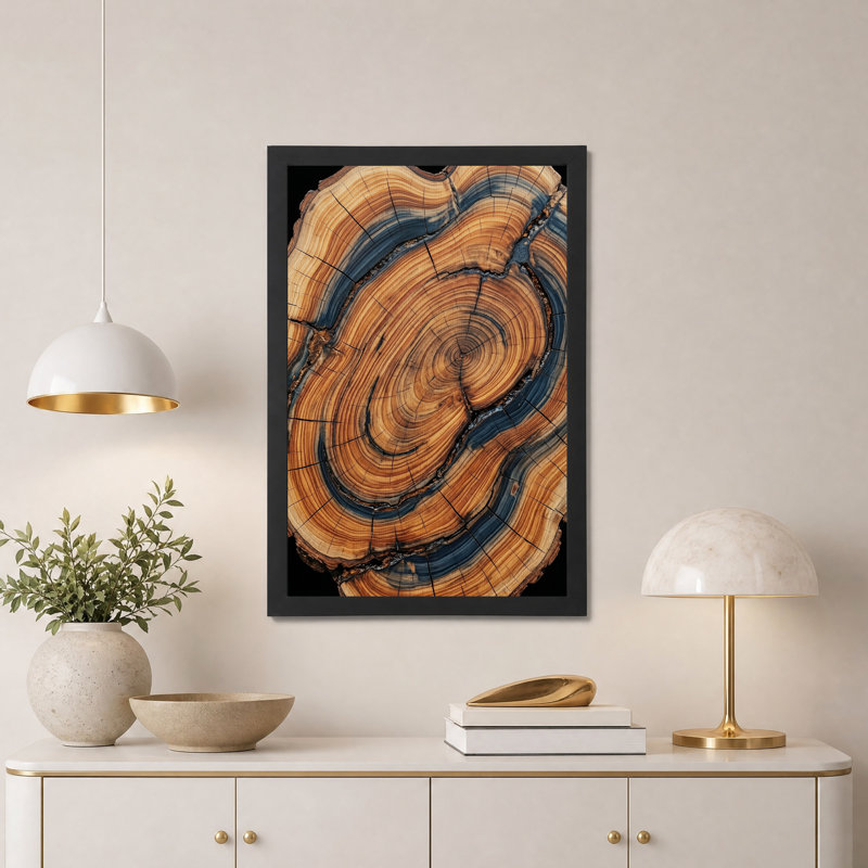 Tableau sur toile représentant des anneaux concentriques d'arbre avec des stries bleues, H 30 po x l 20 po