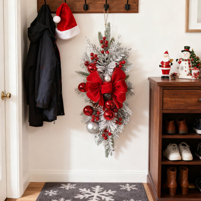 Décoration de Noël en forme d'aiguille de pin avec boules décoratives et nœud, décoration suspendue pour les fêtes, rouge