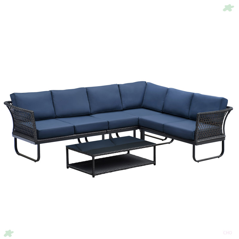 6 Seater Patio Sectional Conversation Furniture Set, Navy Blue