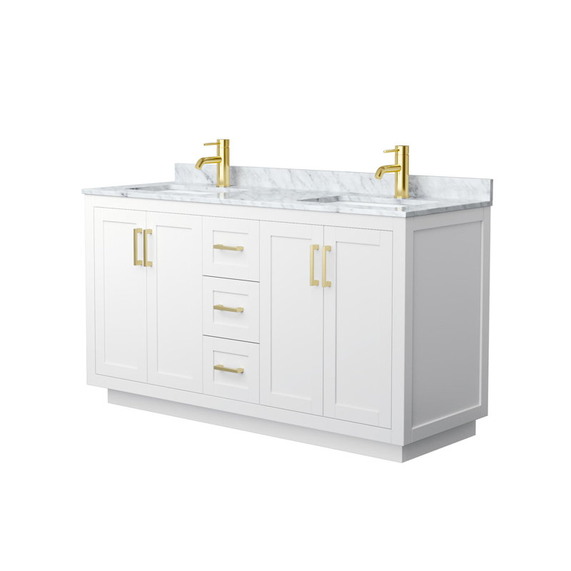 Miranda 60" Freestanding Double Bathroom Vanity with Marble Top, White, Brushed Gold