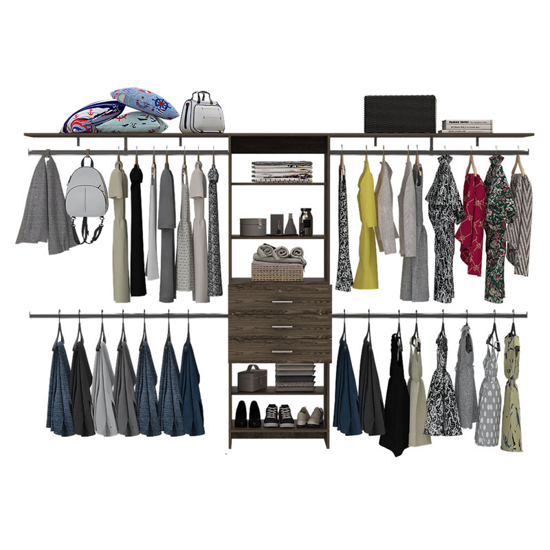 Kohn Plego Closet Organization System, with Open & Closed Storage, 69"/118" Width, Dark Walnut