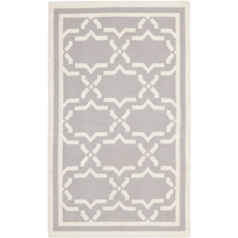 Rodgers Hand Woven Flat Weave Wool/Cotton Geometric Rug in Gray/Ivory, Rectangle 3' x 5'