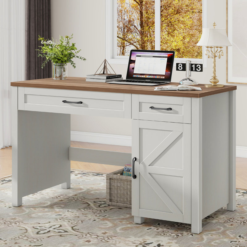 Bureau de direction, bureau d'ordinateur avec tiroirs et armoire de rangement Farmhouse, Brun / Blanc