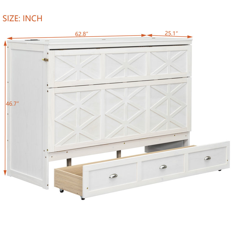  Grand lit escamotable grand avec grand tiroir de rangement et ports USB, fini blanc brossé, Blanc