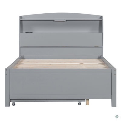 Lit plateforme double en bois avec lit gigogne, tête de lit et tiroirs