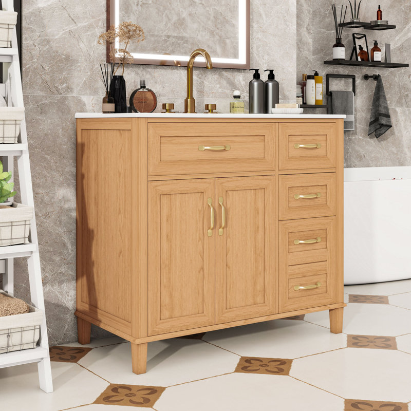 Meuble-lavabo avec lavabo en céramique, 4 tiroirs à fermeture en douceur et armoire de rangement