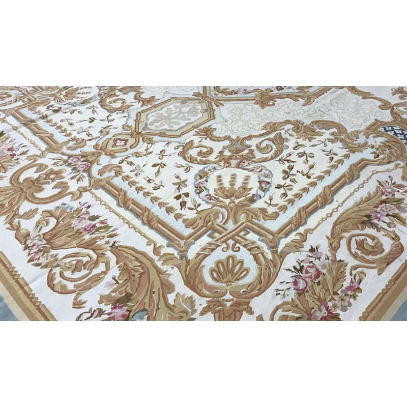 Tapis beige et bleu noué à la main de haute qualité