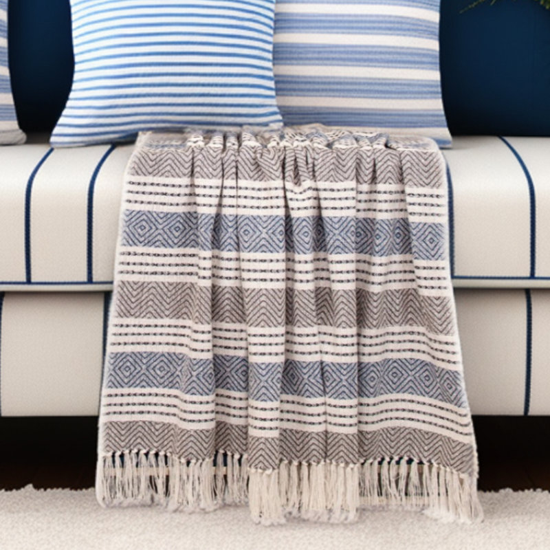 Jeté rayé en coton tissé gris anthracite