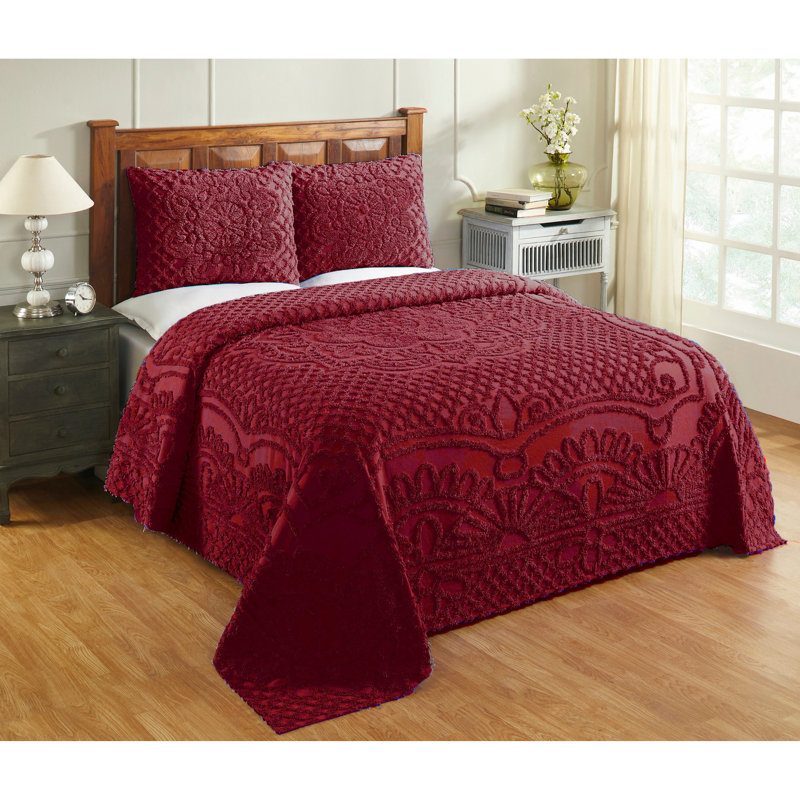 Trevor Chenille Bedspread Set King Size, 100% Cotton Medallion Coverlet Set with 2 Standard Shams, Traditional Textured Heirloom Bedding, Soft Breathable All-Season Comfort, OEKO-TEX Certified, Burgundy