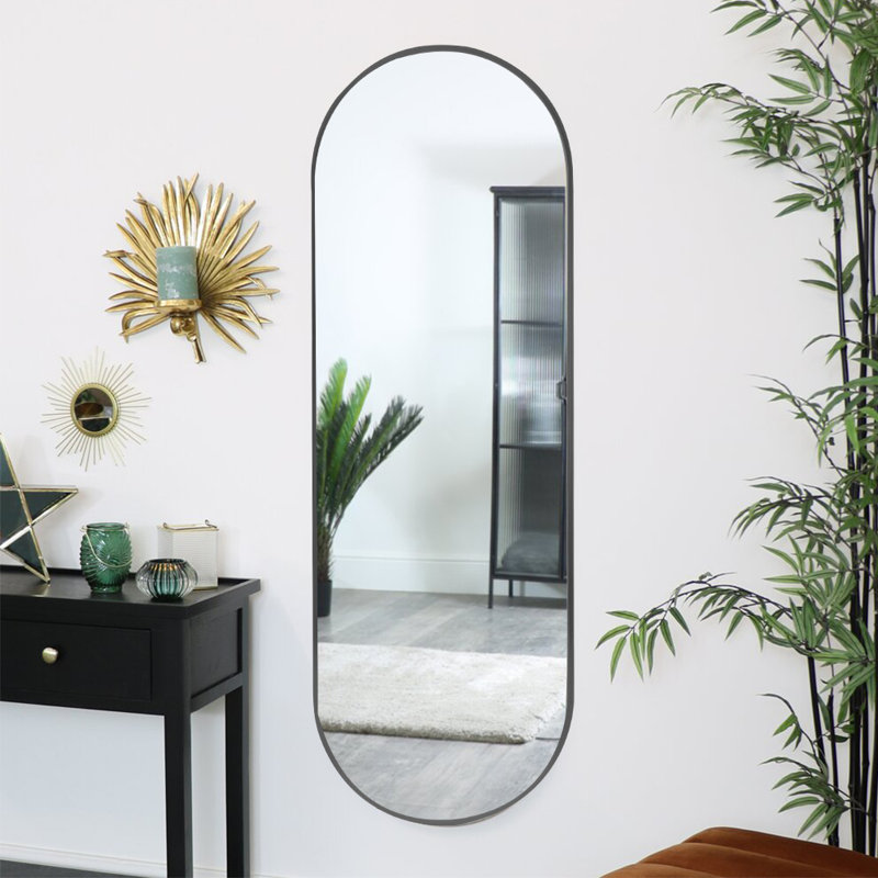 Lottie Oval Metal Framed Wall Mounted Full Length Mirror, Black, 150cm x 40cm