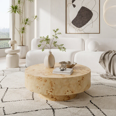 Table basse ronde en bois de style moderne du milieu du siècle avec placage en loupe de bois