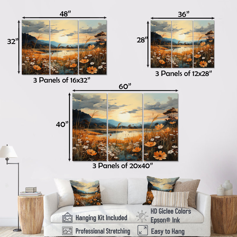 «Meadow Stream At Sunset I», ensemble d'art mural sur toile Meadow, Toile tendue, H 40 po x l 60 po x P 1 po