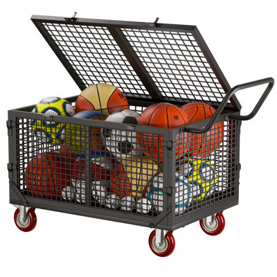 Chariot à boules robuste de 38,6 po avec roulettes, 2 roulettes verrouillables et 2 pivotantes, rangement extérieur pour balles et organisateur d'équipement de sport avec couvercle verrouillable, pour salle de sport, école, club