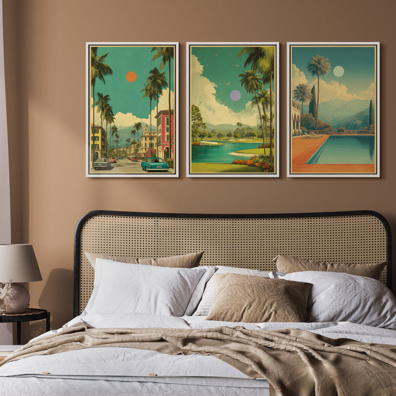 «Retro Palm Springs Landscape Triptych», reproduction d'art sur toile encadrée de style Mid-Century moderne pour le salon ou le bureau