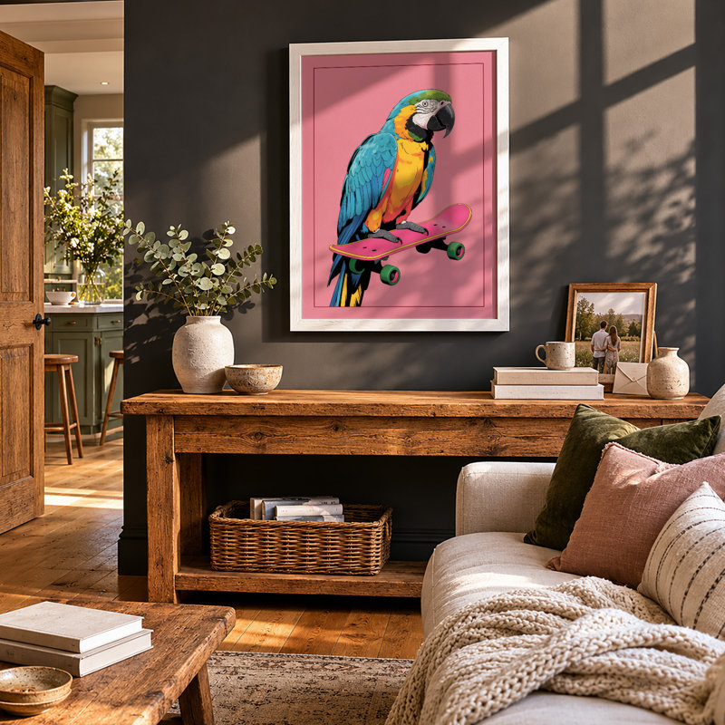 Macaw on Skateboard Modern 1 Piece Single Picture Frame Wall Art, A1 - 84.1 x 59.4 cm, White