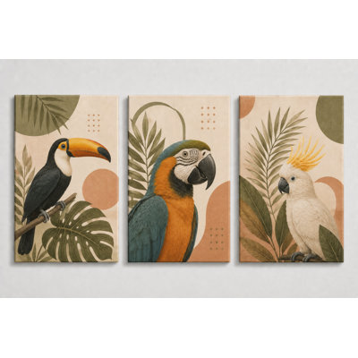 Large Set of 3 Tropical Bird Wall Art Canvas Prints, Toucan Parrot Cockatoo Boho Jungle Artwork for Living Room Bedroom Decor, 16x24 Inch Canvas Print - Ready to hang