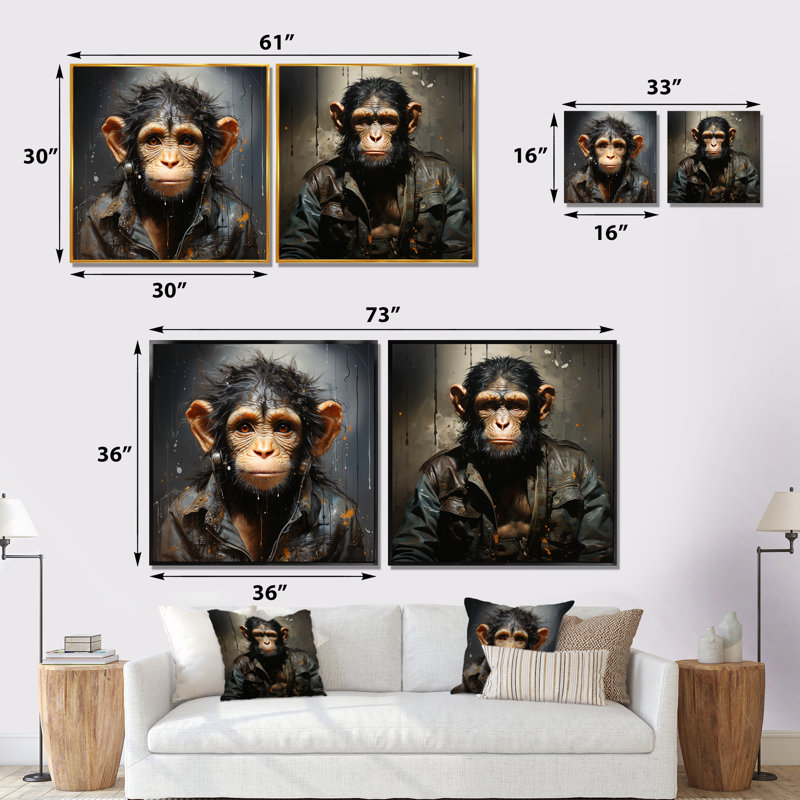 «Jungle in suit Monkey Portrait I», ensemble de 2 impressions sur toile, Toile tendue, H 16 po x l 33 po x P 1 po