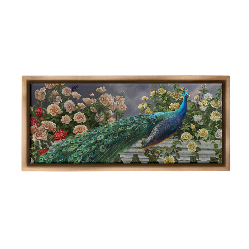 «Peacock & Cottage Blossoms Floater Frame» par Nene Thomas sur toile, Cadre flottant orme Montalcino, H 11 po x l 25 po