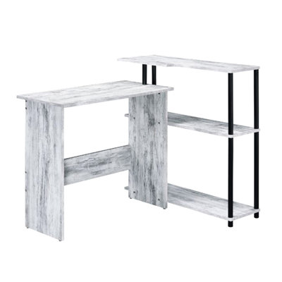3 Tier Side Shelf Rectangular Writing Desk In L-shape, Antique White And Black, Office Designing Desk, Setup