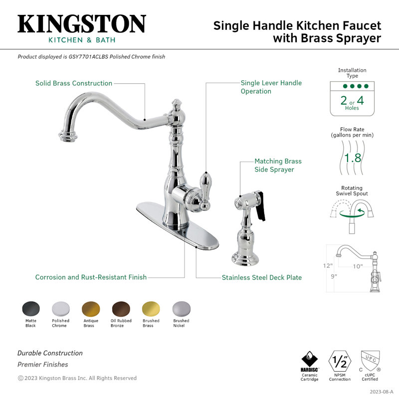 Robinet de cuisine à fixation sur comptoir à 2 ou 4 trous avec douchette en laiton Kingston Classic, Chrome poli