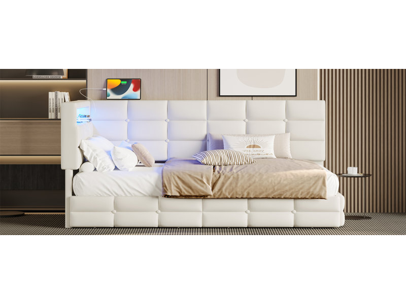 Lit de jour rembourré avec tête de lit, tiroirs et éclairage DEL Almetra, Beige