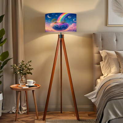  Tripod Standing Lamp Floating Fantasy Island Rainbow Dreamlike Sky Remote Controlled Dimmable LED Floor Lamp with Beech Wood Legs & Detachable Linen Shade for Farmhouse Apartment Living Room and Bedroom