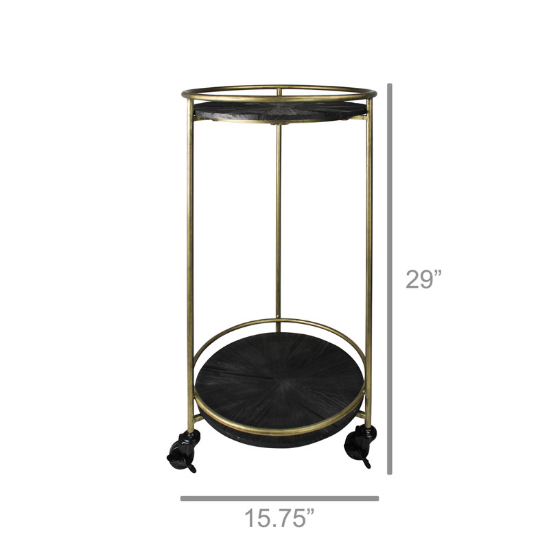 Andy Round Black Wood and Brass Rolling Cart