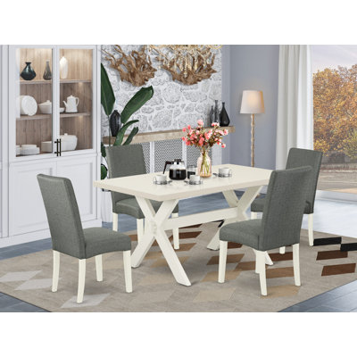 5 Piece Dining Table Set for 4 Includes a Rectangle Kitchen Table with X-Legs and 4 Gray Linen Fabric Parsons Dining Chairs, linen white