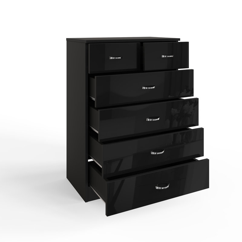Brendle 6 Drawer Chest Of Drawers: 70cm Wide - High Gloss Front with Chrome Handles, Scratch Resistant., Black