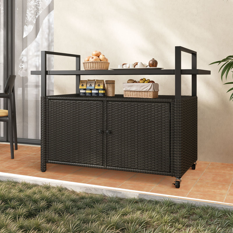 XL Patio Storage Cabinet Outdoor Cabinet Wicker Bar Set Outdoor Bar Cart, Brown