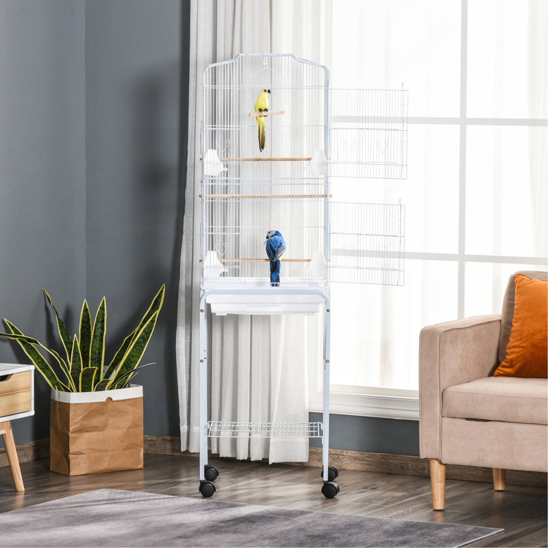 Ensemble de démarrage de cage à oiseaux 60 po en métal avec support roulant amovible, panier de rangement et accessoires, blanc