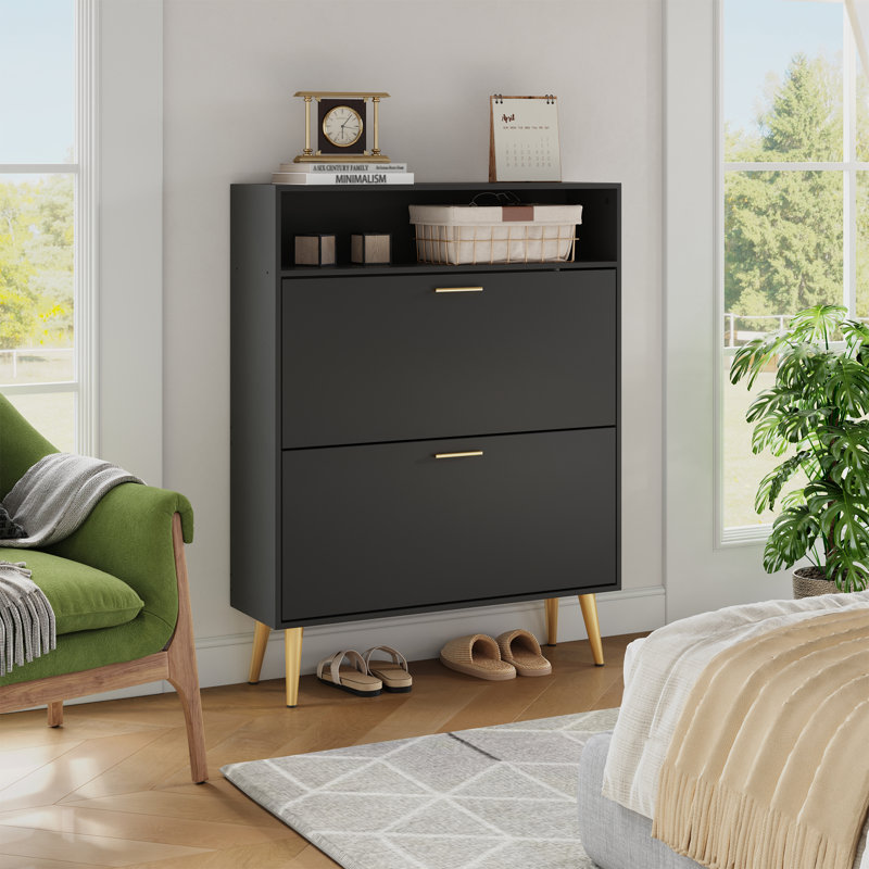 Modern 12 Pair Shoe Storage Cabinet with Doors,Adjustable Shelves, Black
