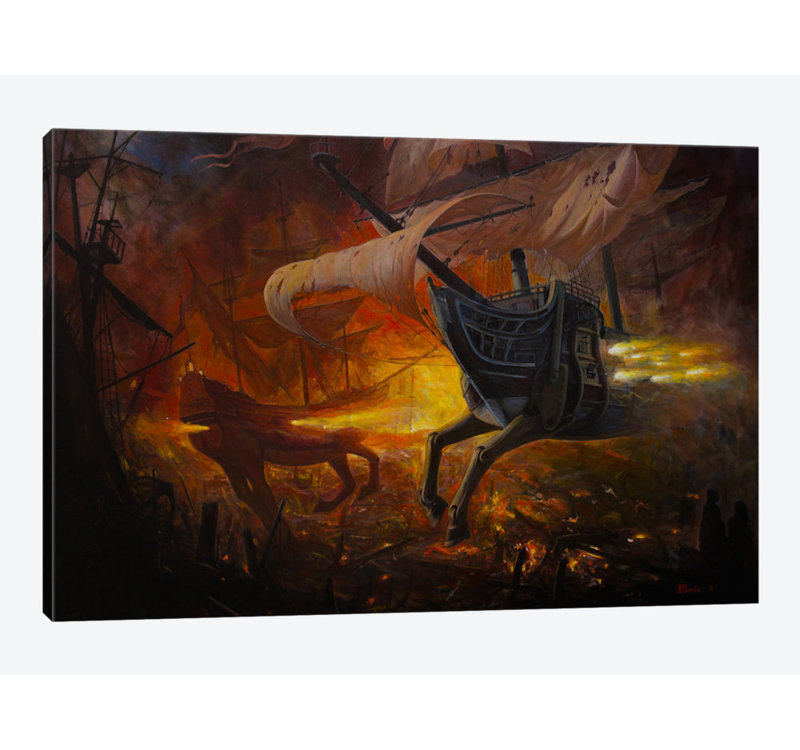 « espagnol galleons on fire », reproduction d’impression sur toile, Papier d'art encadré noir, H 16 po x l 24 po x P 1 po