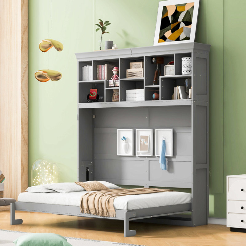 Grand lit escamotable mural avec tablettes supérieures et USB, Gris