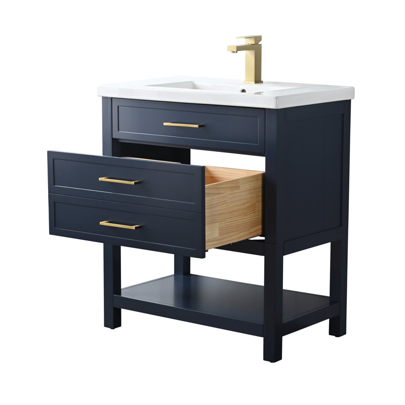 Vicini 30'' Single Vanity with Ceramic Top, Indigo Blue / Brushed Gold