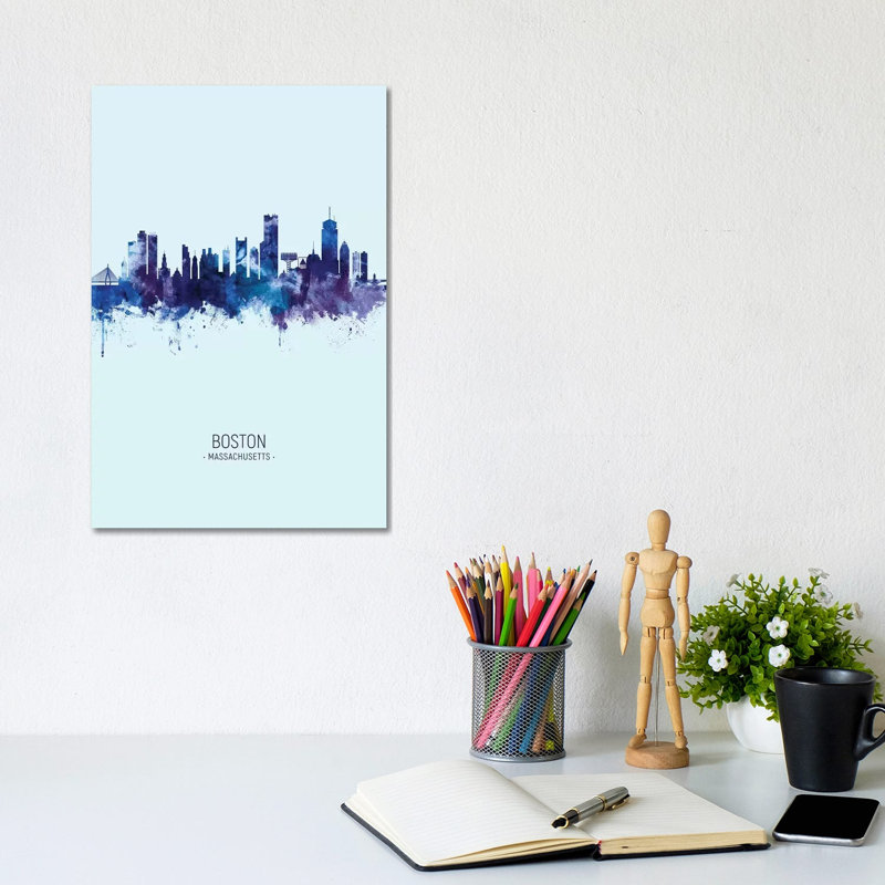 Boston Massachusetts Skyline Portrait Dark Blue by Michael Tompsett - 1 Piece Wrapped Canvas Wall Art