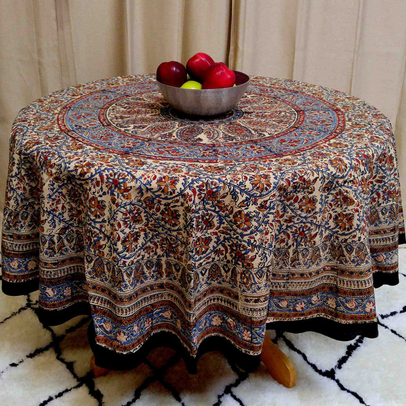 Block Print Cotton Paisley Floral Tablecloth Round