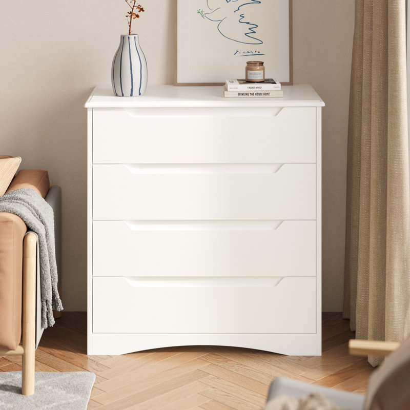 Commode moderne à 4 tiroirs avec poignées encastrées pour chambre à coucher, salon, 4, Blanc