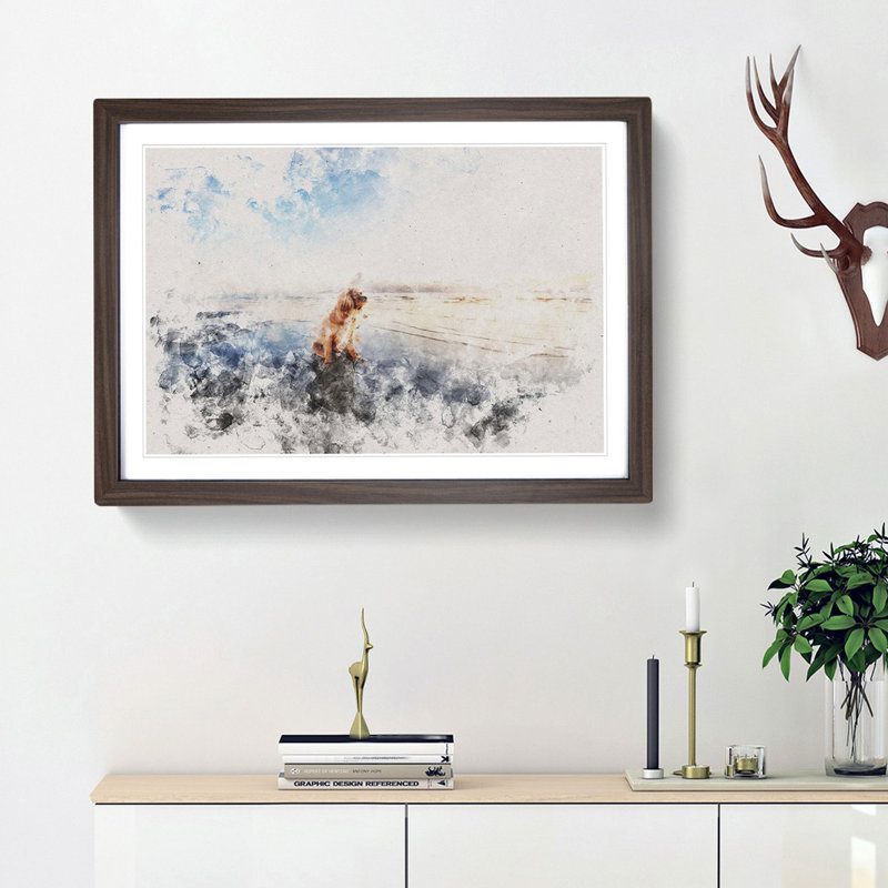 King Charles Spaniel upon the Beach - Picture Frame Painting Print, 62cm H x 87cm W x 2cm D, Walnut Framed