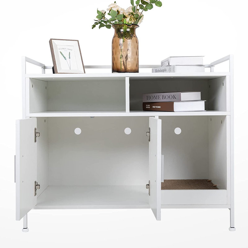 White Manufactured Wood and Metal Litter Box Enclosure with Storage Shelves