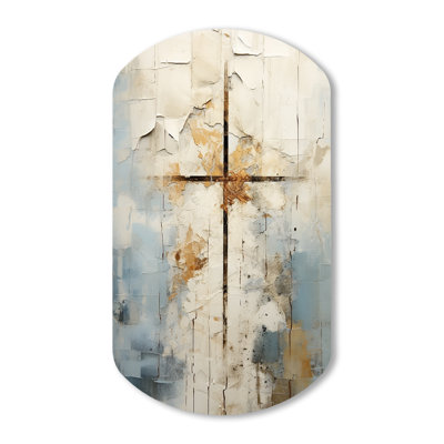 «Beige Christianity Cross Of Jesus II», art mural asymétrique en métal Christianity