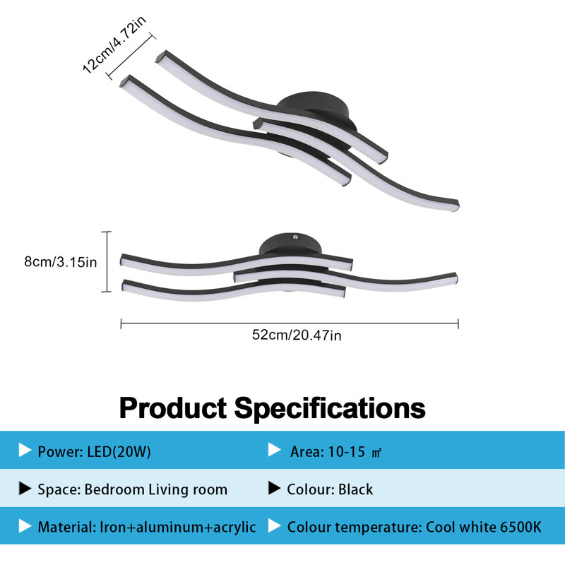 Curved Design LED Ceiling Lamp Fixture, 18W 1800 LM Neutral White Light, Matte Black, 6500K