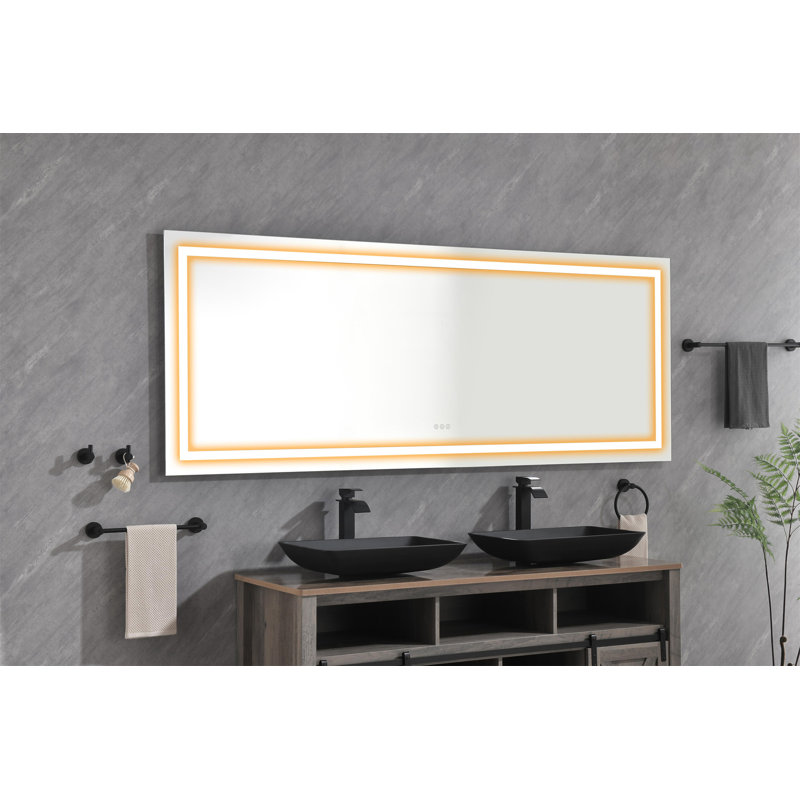 Miroir de salle de bain 84 po x 40 po à DEL avec façade et rétroéclairage, miroir de meuble-lavabo mural, anti-buée, mémoire, 3 couleurs, réglable en continu