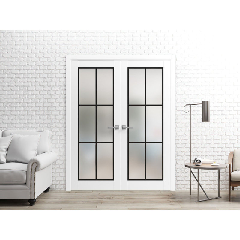 Portes françaises doubles solides | Verre givré Planum 2122 | Garnitures de cadre en bois massif | Portes robustes de chambre à coucher pour garde-robe