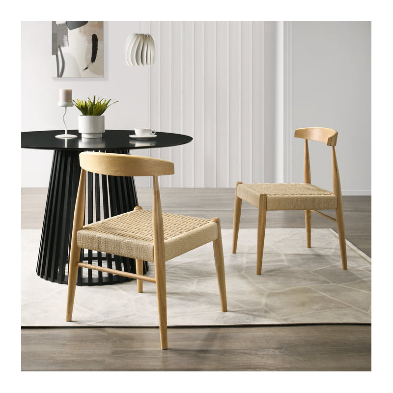 Mid-Century Modern Dining Chairs, Natural Rubberwood Frame with Paper Rope Seat, Minimal Assembly, Stylish Chairs for Kitchen or Dining Room, Natural, Set of 2