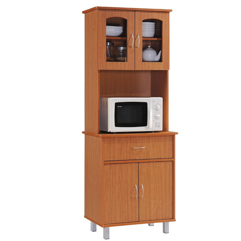 Kitchen Cabinet 23.6 inch Wide Freestanding China Display Hutch with Storage, Microwave Shelf and Utensil Drawer,, Cherry