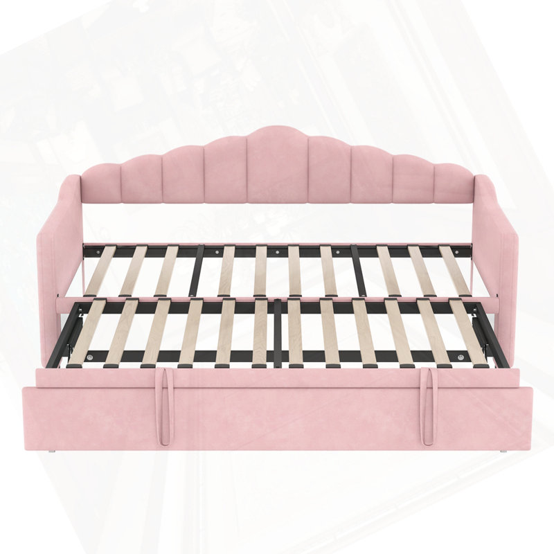 Upholstered Twin Size Daybed with Pop Up Trundle, Pink