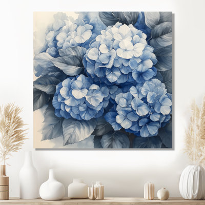 Hortensia grappe avec pétales bleus I - reproduction d'art traditionnelle en métal, art mural hydrangée en métal