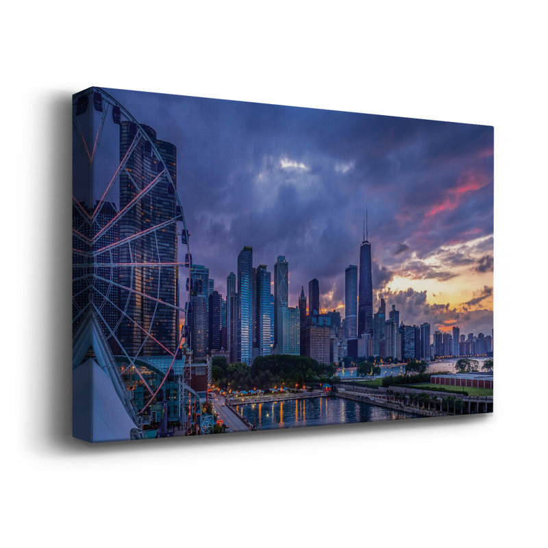 14_Horizon de Chicago au coucher du soleil, toile tendue avec châssis - prête à être accrochée, H 16 po x l 27 po x P 1,5 po